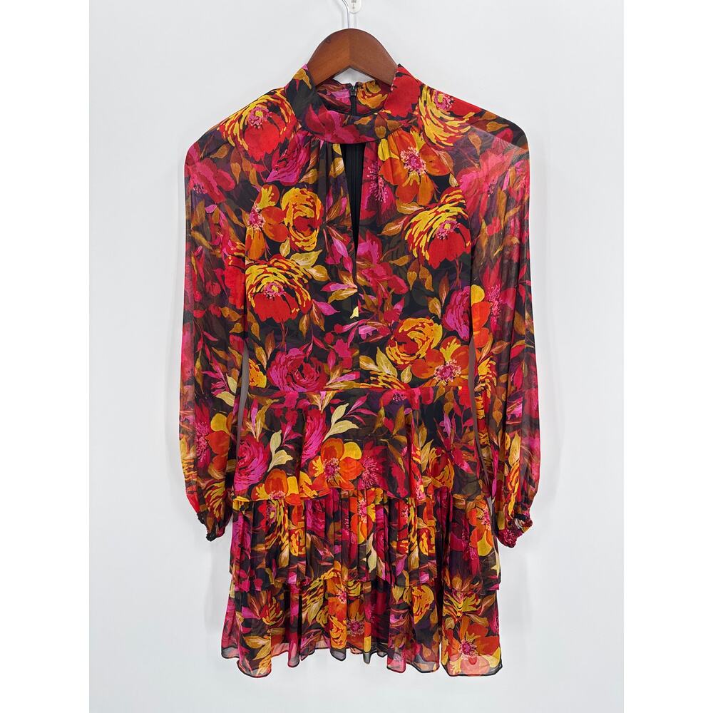 Milly Iyla Autumn Foliage Floral Tiered Mini Dress Long Sleeve Size 0 - Picture 2 of 9